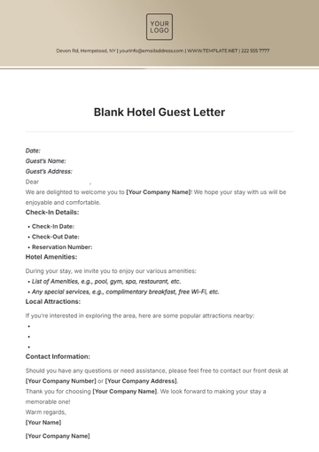 Free Blank Hotel Guest Letter Template to Edit Online
