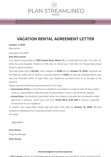 Free Vacation Rental Agreement Letter Template to Edit Online