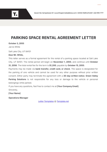 Free Parking Space Rental Agreement Letter Template to Edit Online