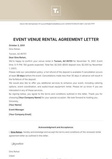 Free Event Venue Rental Agreement Letter Template to Edit Online