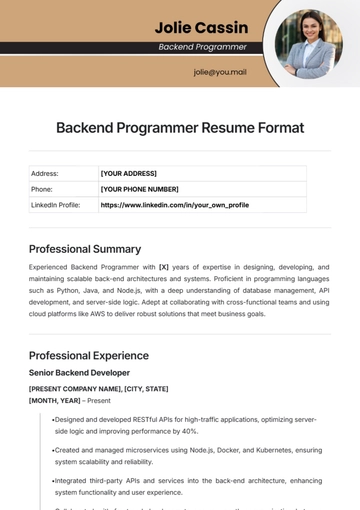 Free Backend Programmer Resume Format Template to Edit Online