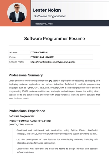 Free Software Programmer Resume Template to Edit Online