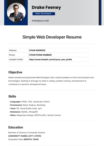 Free Simple Web Developer Resume Template to Edit Online