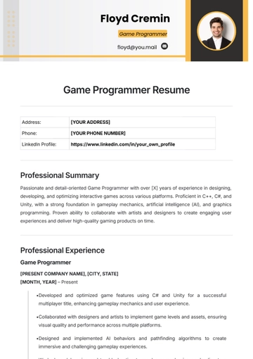 Free Game Programmer Resume Template to Edit Online