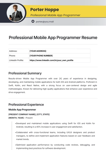 Free Professional Mobile App Programmer Resume Template to Edit Online