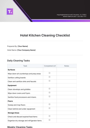 Free Hotel Kitchen Cleaning Checklist Template to Edit Online