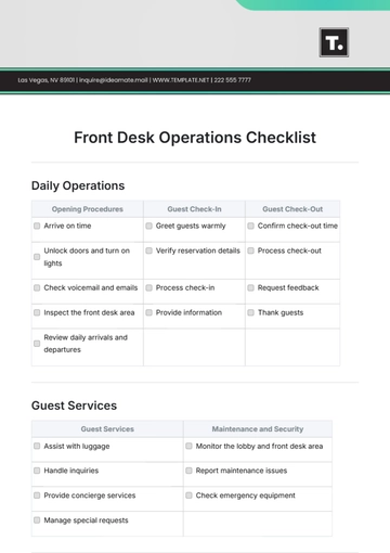 Free Front Desk Operations Checklist Template to Edit Online