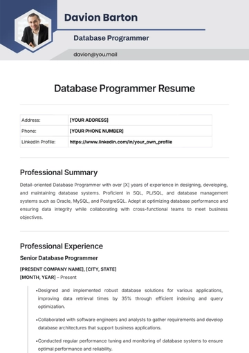 Free Database Programmer Resume Template to Edit Online