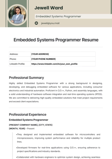 Free Embedded Systems Programmer Resume Template to Edit Online