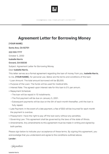 Free Agreement Letter for Borrowing Money Template to Edit Online
