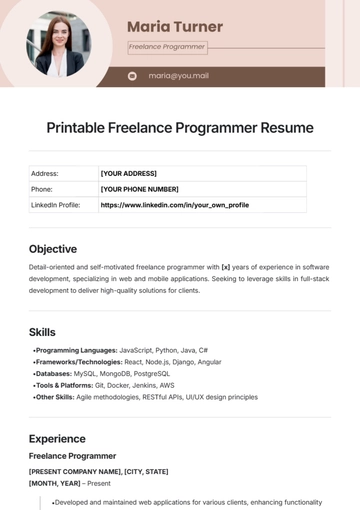 Free Printable Freelance Programmer Resume Template to Edit Online