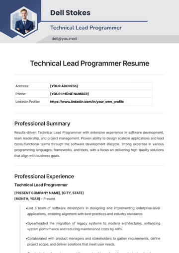 Free Technical Lead Programmer Resume Template to Edit Online