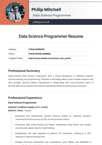 Free Data Science Programmer Resume Template to Edit Online