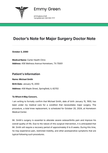 Free Doctor???s Note for Major Surgery Doctor Note Template to Edit Online | Template.net