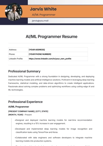 Free AI/ML Programmer Resume Template to Edit Online