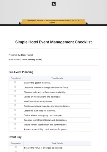 Free Simple Hotel Event Management Checklist Template to Edit Online