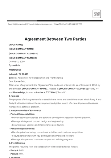 Free Letter of Agreement Between Two Parties Template to Edit Online