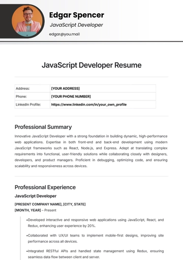 Free JavaScript Developer Resume Template to Edit Online