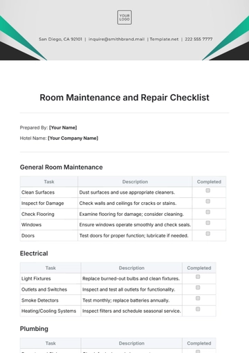 Free Room Maintenance And Repair Checklist Template to Edit Online