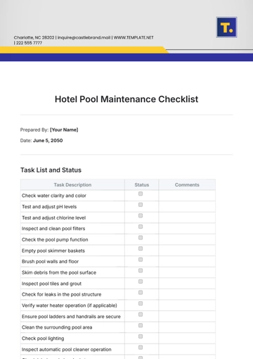 Free Hotel Pool Maintenance Checklist Template to Edit Online