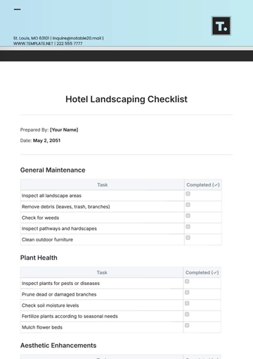 Free Hotel Landscaping Checklist Template to Edit Online