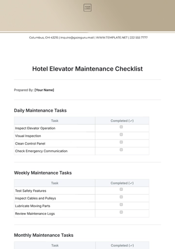 Free Hotel Elevator Maintenance Checklist Template to Edit Online