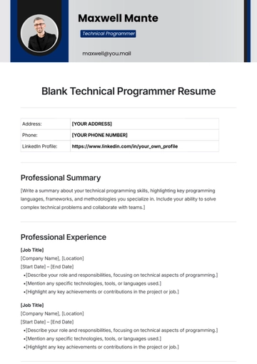 Free Blank Technical Programmer Resume Template to Edit Online