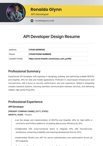 Free API Developer Design Resume Template to Edit Online