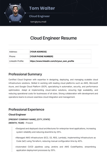Free Cloud Engineer Resume Template to Edit Online