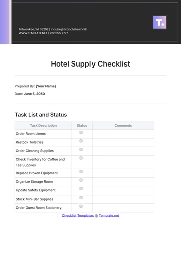 Free Hotel Supply Checklist Template to Edit Online
