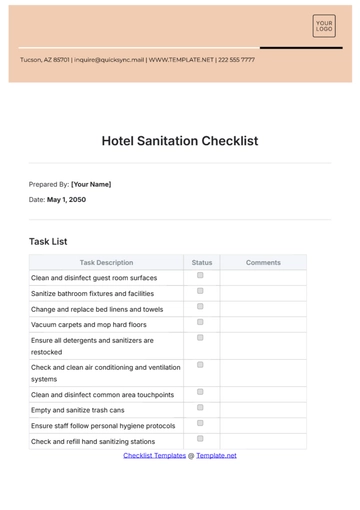 Free Hotel Sanitation Checklist Template to Edit Online