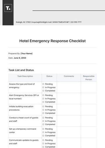 Free Hotel Emergency Response Checklist Template to Edit Online