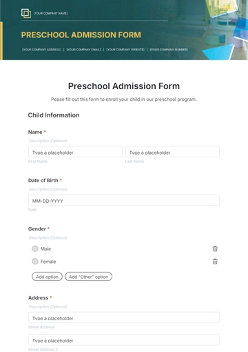 Free Preschool Admission Form Template to Edit Online