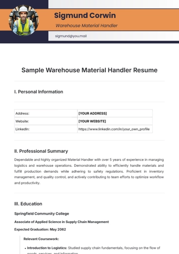 Free Sample Warehouse Material Handler Resume Template to Edit Online