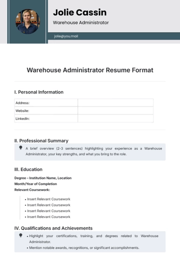 Free Warehouse Administrator Resume Format Template to Edit Online