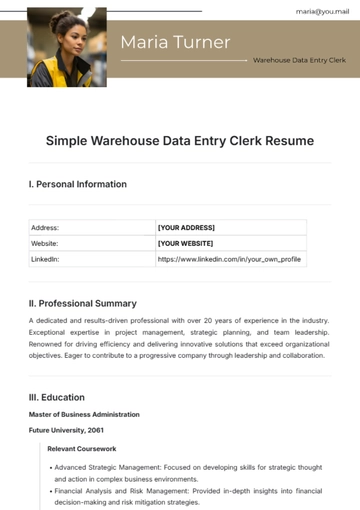 Free Simple Warehouse Data Entry Clerk Resume Template to Edit Online
