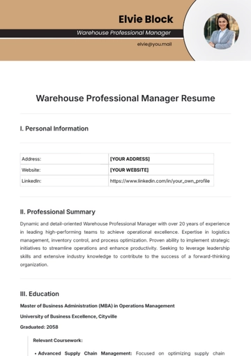 Free Warehouse Professional Manager Resume Template to Edit Online