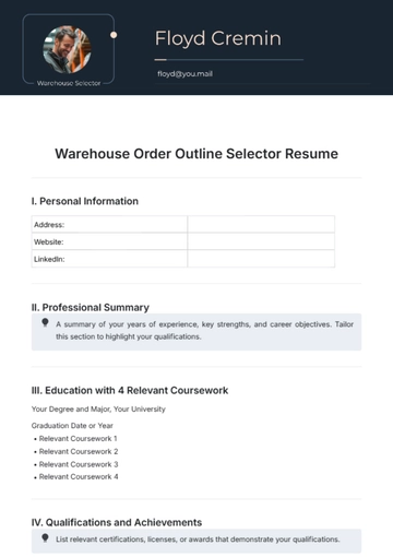 Free Warehouse Order Outline Selector Resume Template to Edit Online