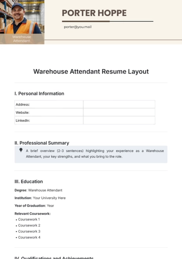 Free Warehouse Attendant Resume Layout Template to Edit Online