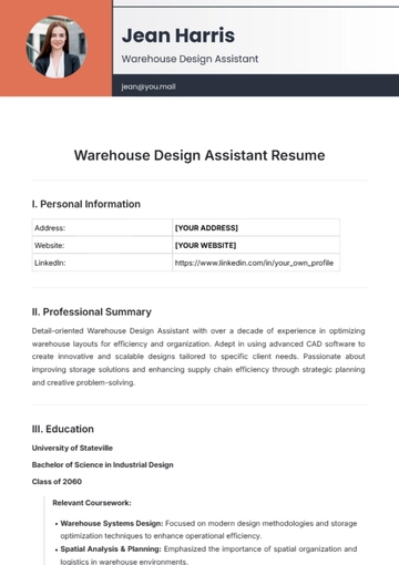 Free Warehouse Design Assistant Resume Template to Edit Online