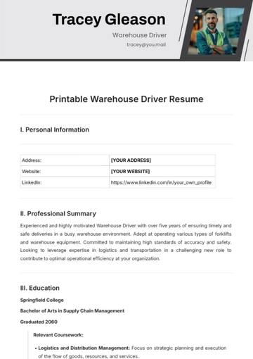 Free Printable Warehouse Driver Resume Template to Edit Online