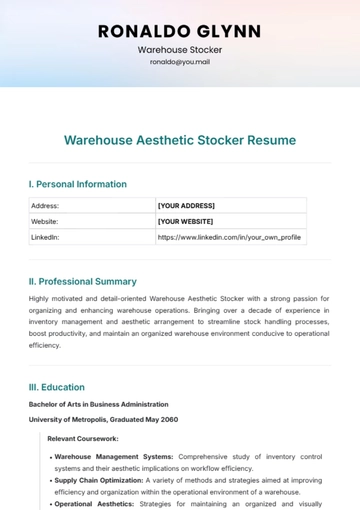 Free Warehouse Aesthetic Stocker Resume Template to Edit Online