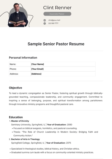 Free Sample Senior Pastor Resume Template to Edit Online
