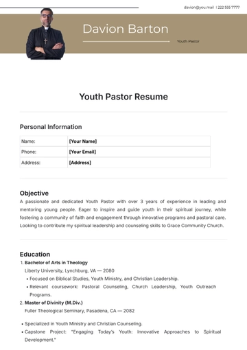 Free Youth Pastor Resume Template to Edit Online