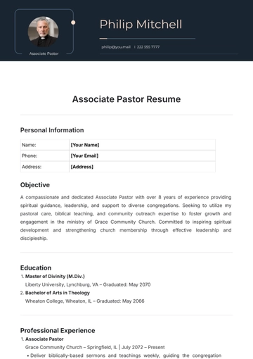 Free Associate Pastor Resume Template to Edit Online