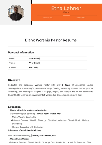 Free Blank Worship Pastor Resume Template to Edit Online