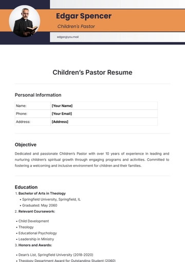 Free Children???s Pastor Resume Template to Edit Online