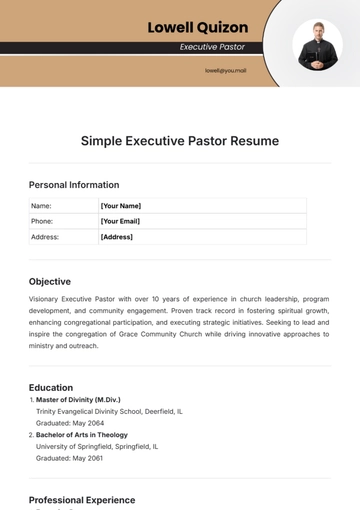 Free Simple Executive Pastor Resume Template to Edit Online