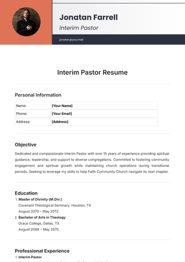 Free Interim Pastor Resume Template to Edit Online