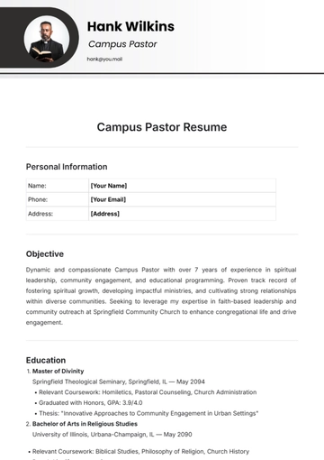 Free Campus Pastor Resume Template to Edit Online